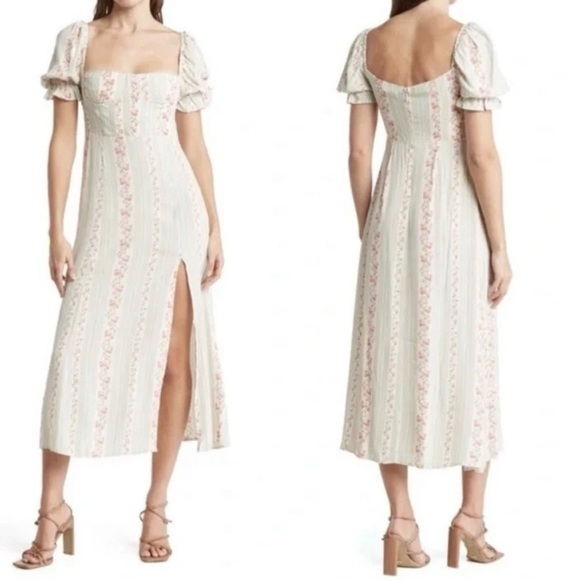 NWT WeWoreWhat Green Pink Floral Vertical Stripe Puff Sleeve Midi Dress Size 12 - Picture 10 of 10